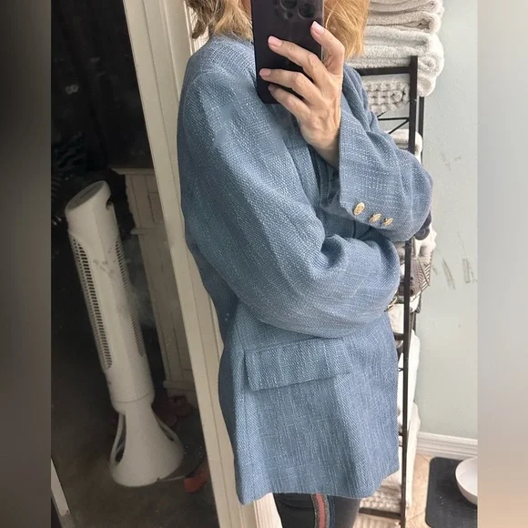 Unbranded Nubby Tweed Slate Blue Blazer With Gold Buttons Very Chic!! Sz XL - Picture 6 of 15